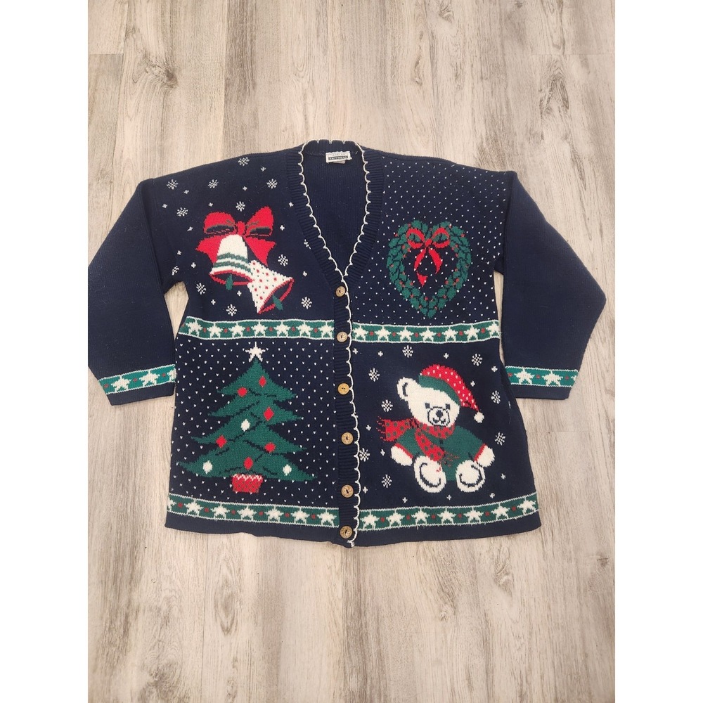 Vtg. Adele Knitwear Christmas Sweater Cardigan Grannycore Bear Tree Bell Sz 20W
